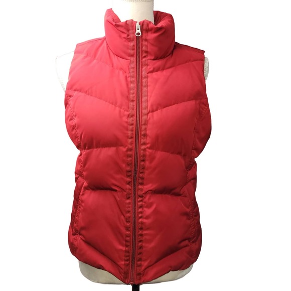 Land's End Puffer Vest Womens XS Red Zip Down Feathers Collar Pockets Lined - Picture 1 of 10